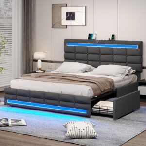 bthfst queen bed frame with led lights & 2 usb charging station,queen size bed frame with adjustable headboard,bed frame with storage,no box spring needed,noise free,dark grey