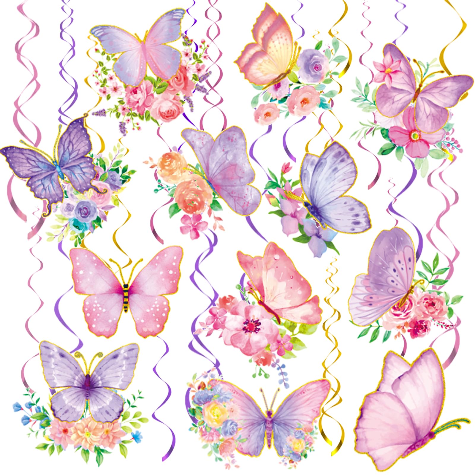 32Pcs Butterfly Party Decorations, Butterfly Hanging Swirl Decorations Pink and Purple Hanging Butterfly Decorations for Spring Summer Garden Butterfly Baby Girl Birthday Decorations