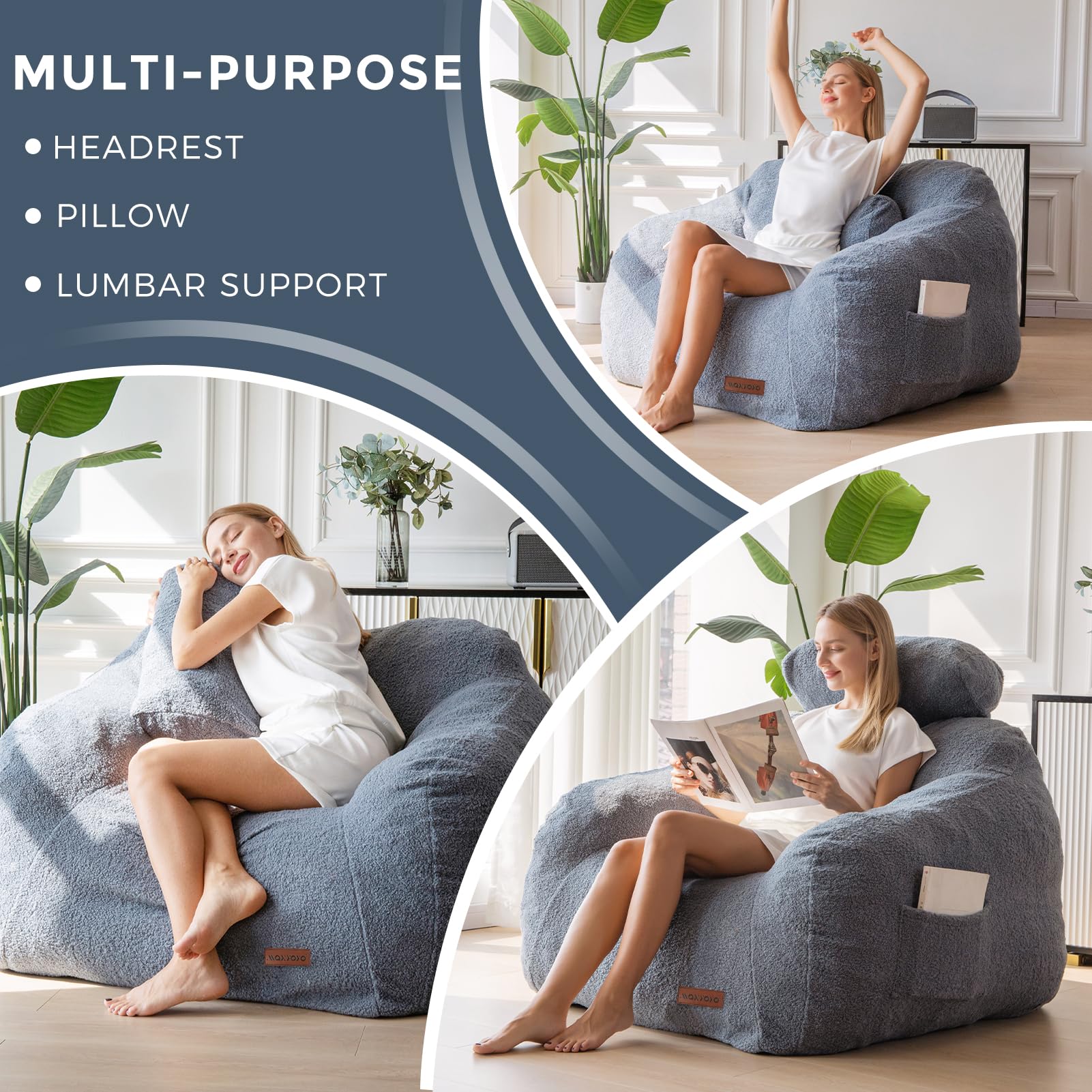 MAXYOYO Giant Bean Bag Chair with Pillow, Boucle Bean Bag Sofa for Adults,Large Upholstered Bean Bag Couch Lazy Sofa with Filler for Reading, Gaming