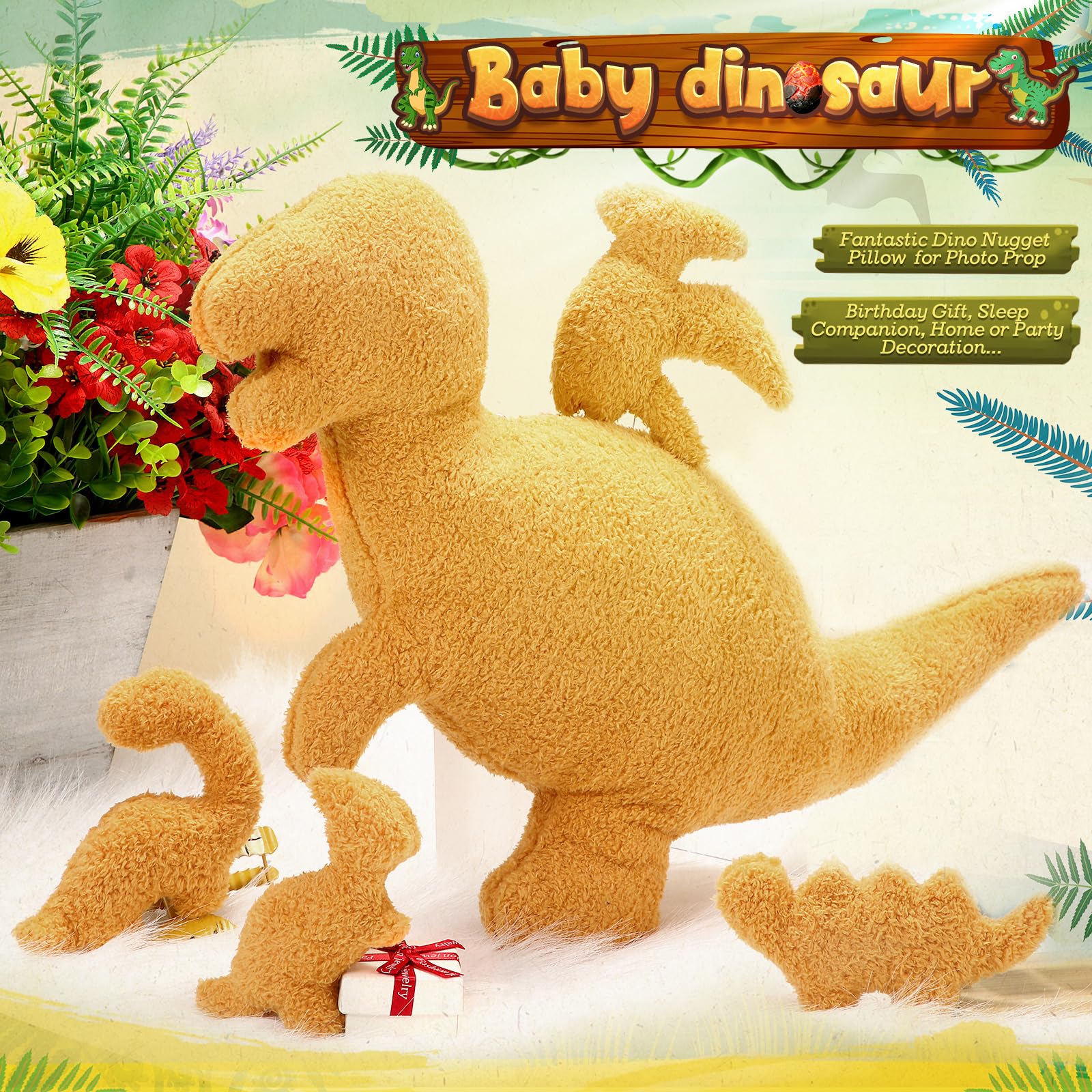 RoundFunny 5 Pcs Dinosaur Nugget Plush Pillow Set, 16 Inch Large Chicken Nugget Plush with 4 Dino Plush Toys Soft Dinosaur Chicken Nuggets Pillow for Girls Boys Birthday Dinosaur Theme Party