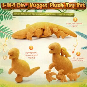 RoundFunny 5 Pcs Dinosaur Nugget Plush Pillow Set, 16 Inch Large Chicken Nugget Plush with 4 Dino Plush Toys Soft Dinosaur Chicken Nuggets Pillow for Girls Boys Birthday Dinosaur Theme Party