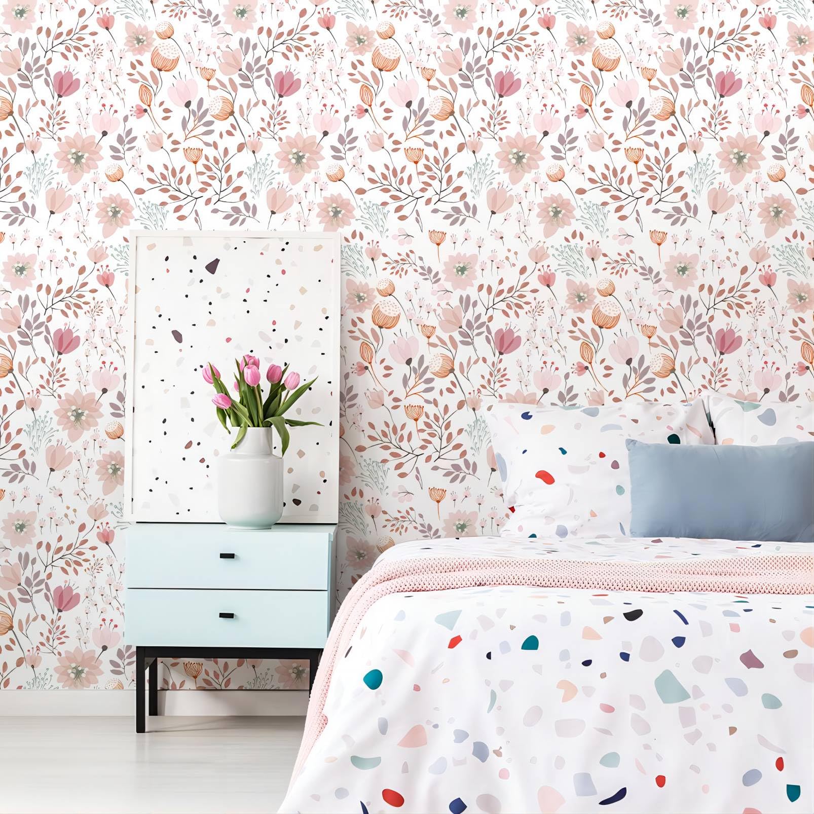 Wallpaper Peel and Stick Boho Pink Floral Peel Stick Wallpaper Contact Paper Removable Self Adhesive Wallpaper for Walls Bedroom Home Decoration Vinyl Rolls 17.7''x118.1''