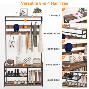 Livofloral Hall Tree Coat Rack with Storage, Entryway Hall Tree with 9 Hooks, Coat and Shoe Rack, Industrial Entryway Furniture with Shoe and Clothes Storage for Mudrooom, Rustic Brown