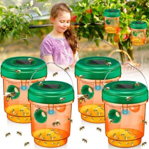 qualirey 4 pack wasp traps solar powered bee trap with uv led light outdoor hanging fly traps reusable hornet trap hornet traps wasp killer for indoor outdoor patio garden home (orange)