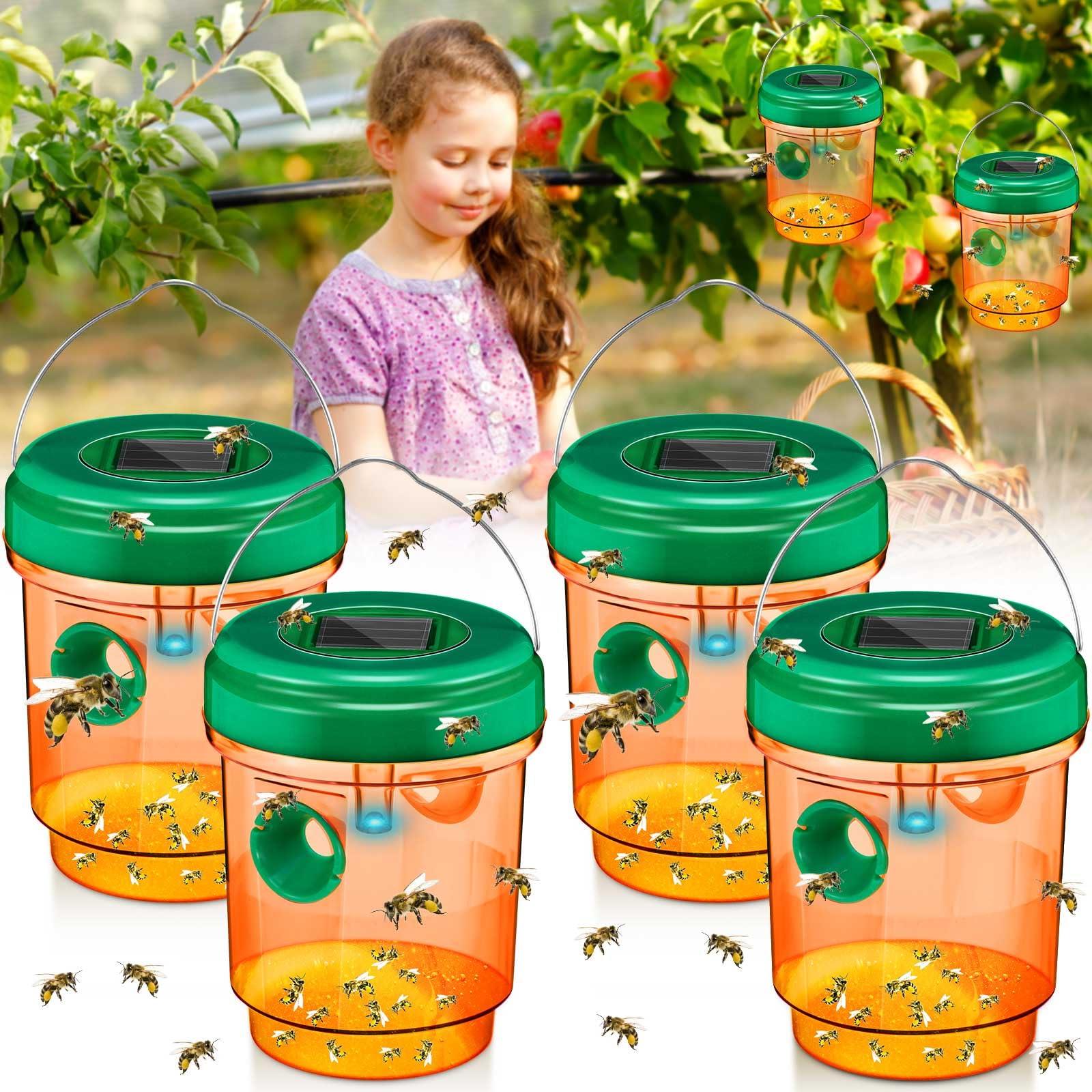 Qualirey 4 Pack Wasp Traps Solar Powered Bee Trap with UV LED Light Outdoor Hanging Fly Traps Reusable Hornet Trap Hornet Traps Wasp Killer for Indoor Outdoor Patio Garden Home (Orange)