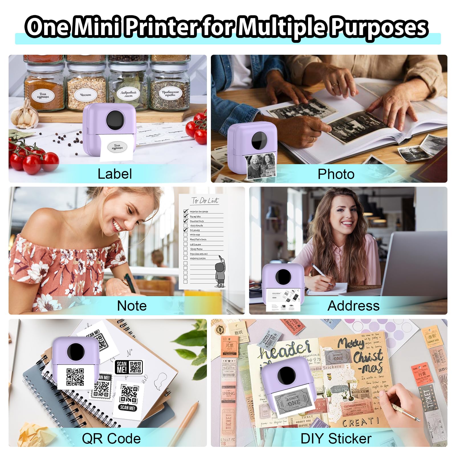 HuiJuKeJi Inkless Sticker Printer Mini Thermal Printer with 10 Rolls Thermal Paper,Color Pen for iOS&Android,Bluetooth Pocket Printer Smart Portable Receipt Printer for Photo Journal Notes Memo-Purple