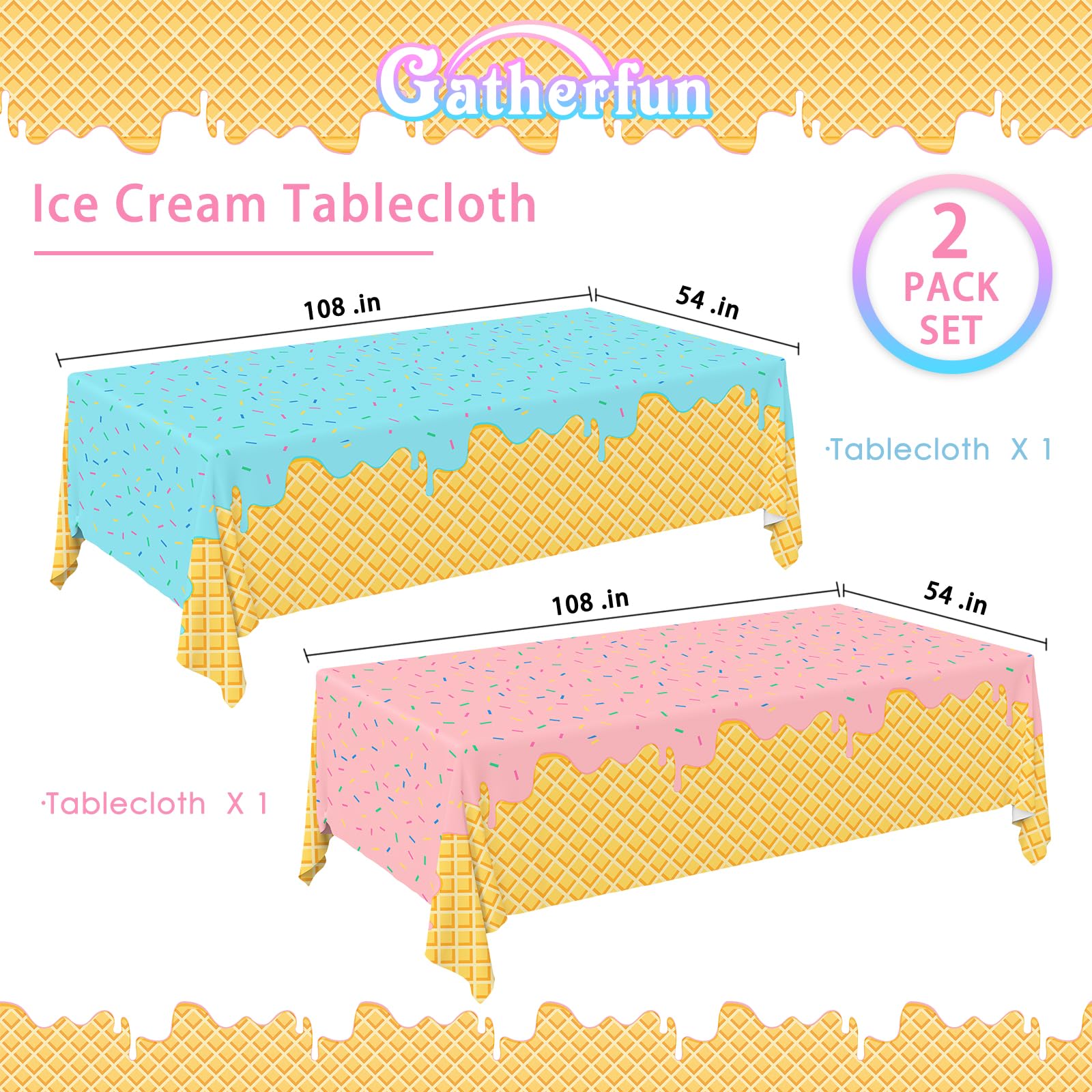 Gatherfun Ice Cream Party Supplies: 2-Pack Ice Cream Birthday Party Decorations,Disposable Plastic Tablecloth, Ideal Table Cover for Kids & Girls Birthday, Baby Shower & Themed Parties, 54 x 108 Inch