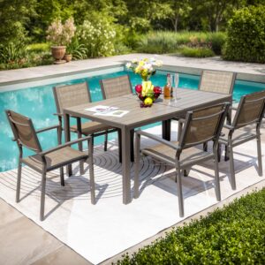 JUMMICO Outdoor Dining Set 7 Piece Patio Furniture Set with Weather Resistant Table and 6 Textilene Chairs for Yard, Deck and Poolside (Brown)