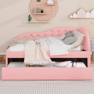 Acosure Full Size PU Upholstered Tufted Daybed with Twin Size Trundle and Cloud Shaped Guardrail,No Box Spring Required,Sofa Bed Frame for Kids Boys Girls Bedroom,Living Room,Pink