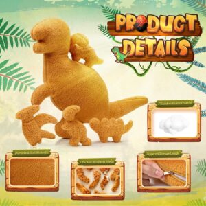 RoundFunny 5 Pcs Dinosaur Nugget Plush Pillow Set, 16 Inch Large Chicken Nugget Plush with 4 Dino Plush Toys Soft Dinosaur Chicken Nuggets Pillow for Girls Boys Birthday Dinosaur Theme Party