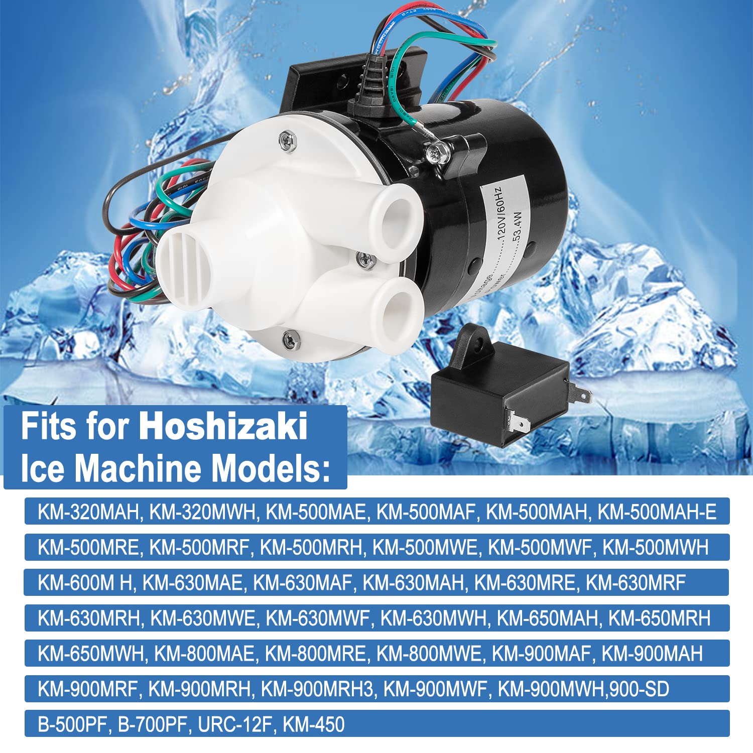 Pump Motor Assembly Replacement for Hoshizaki PA0613 Ice Machine Water Pump, Includes Run Capacitor and Wire Leads 120V 60Hz 10W 0.4 Amp