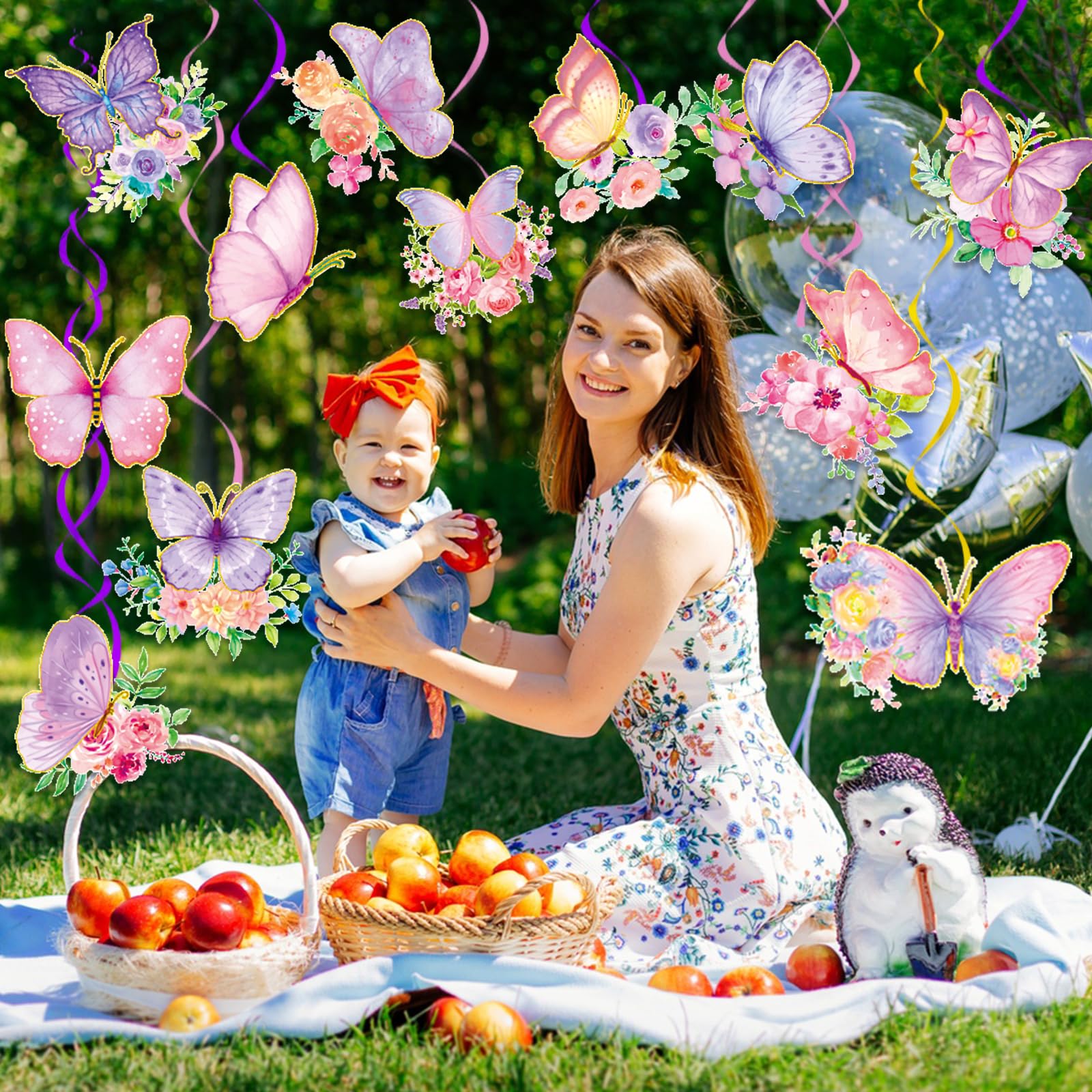 32Pcs Butterfly Party Decorations, Butterfly Hanging Swirl Decorations Pink and Purple Hanging Butterfly Decorations for Spring Summer Garden Butterfly Baby Girl Birthday Decorations