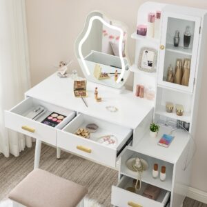 ANWBROAD White Vanity with Lighted Mirror Vanity Desk with Mirror and Lights Girls Vanity with Power Outlet Stool Drawers Shelves Charging Station 3 LED Lighting Modes Bedroom Makeup Table UBDT55W