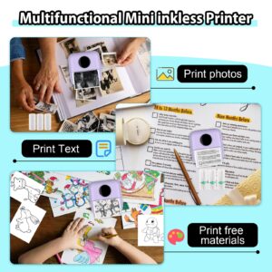 HuiJuKeJi Inkless Sticker Printer Mini Thermal Printer with 10 Rolls Thermal Paper,Color Pen for iOS&Android,Bluetooth Pocket Printer Smart Portable Receipt Printer for Photo Journal Notes Memo-Purple