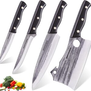 Naitesen 4PCS Butcher Knife Set Hand Forged Meat Cleaver Chef Knife Boning Knife Utility Knife Very Sharp for Meat Cutting Butcher Chopping for Home Cooking