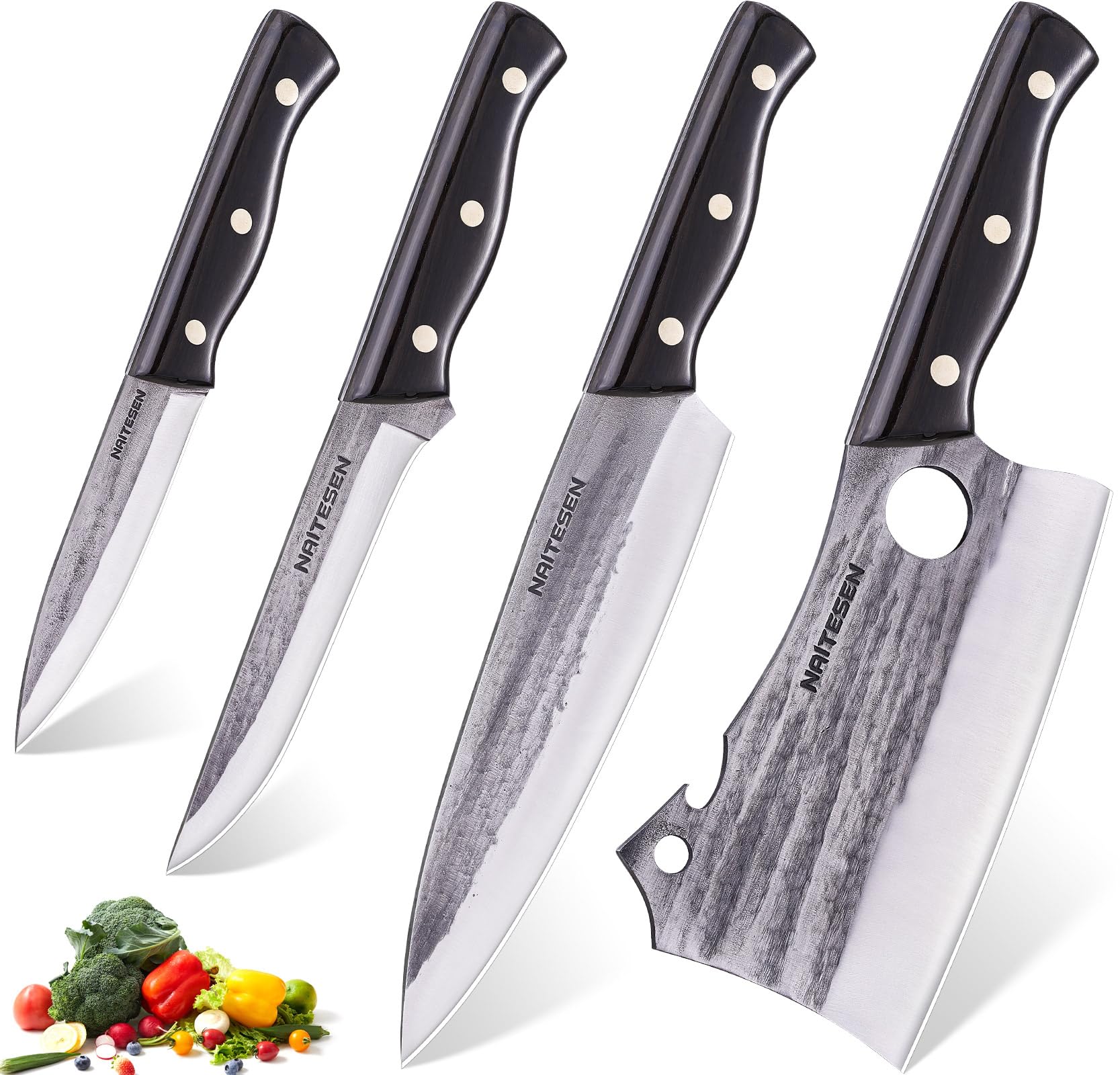 Naitesen 4PCS Butcher Knife Set Hand Forged Meat Cleaver Chef Knife Boning Knife Utility Knife Very Sharp for Meat Cutting Butcher Chopping for Home Cooking