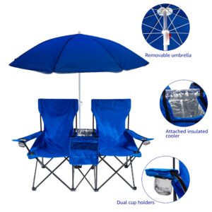 Trademark Innovations Double Folding Camp and Beach Chair with Removable Umbrella and Cooler (Blue)