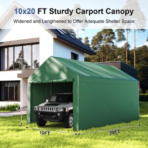 Outdoor Carport 10x20ft Heavy Duty Car Tent, Portable Garage Canopy Storage Shed, Car Shelter with Detachable Side Walls&Doors, All-Season Tarp for Car and Boat D Green