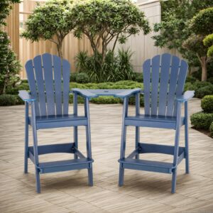 INTOBOO Tall Adirondack Chair Set of 2, HDPE Adirondack Barstools, Double Balcony Chairs with Connecting Tray, Weather Resistant for Outdoor, Poolside, Patio, Garden, Backyard (Navy)