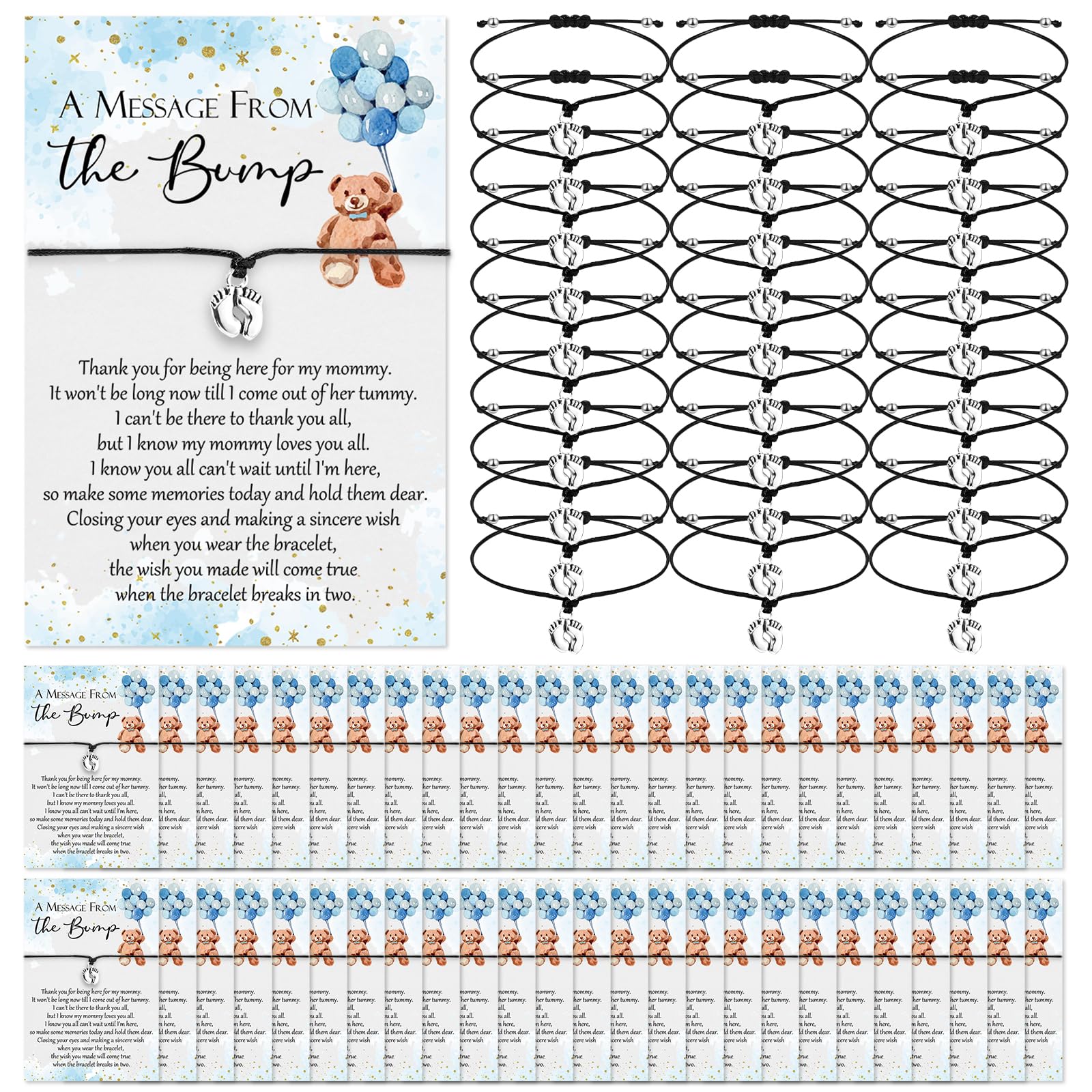 Thyle 50 Set Baby Shower Favors for Guests Adjustable Bracelets with Message from the Bump Card Footprints Charm Baby Shower Bracelets for Gender Reveal Thank You Gifts (Blue Bear)