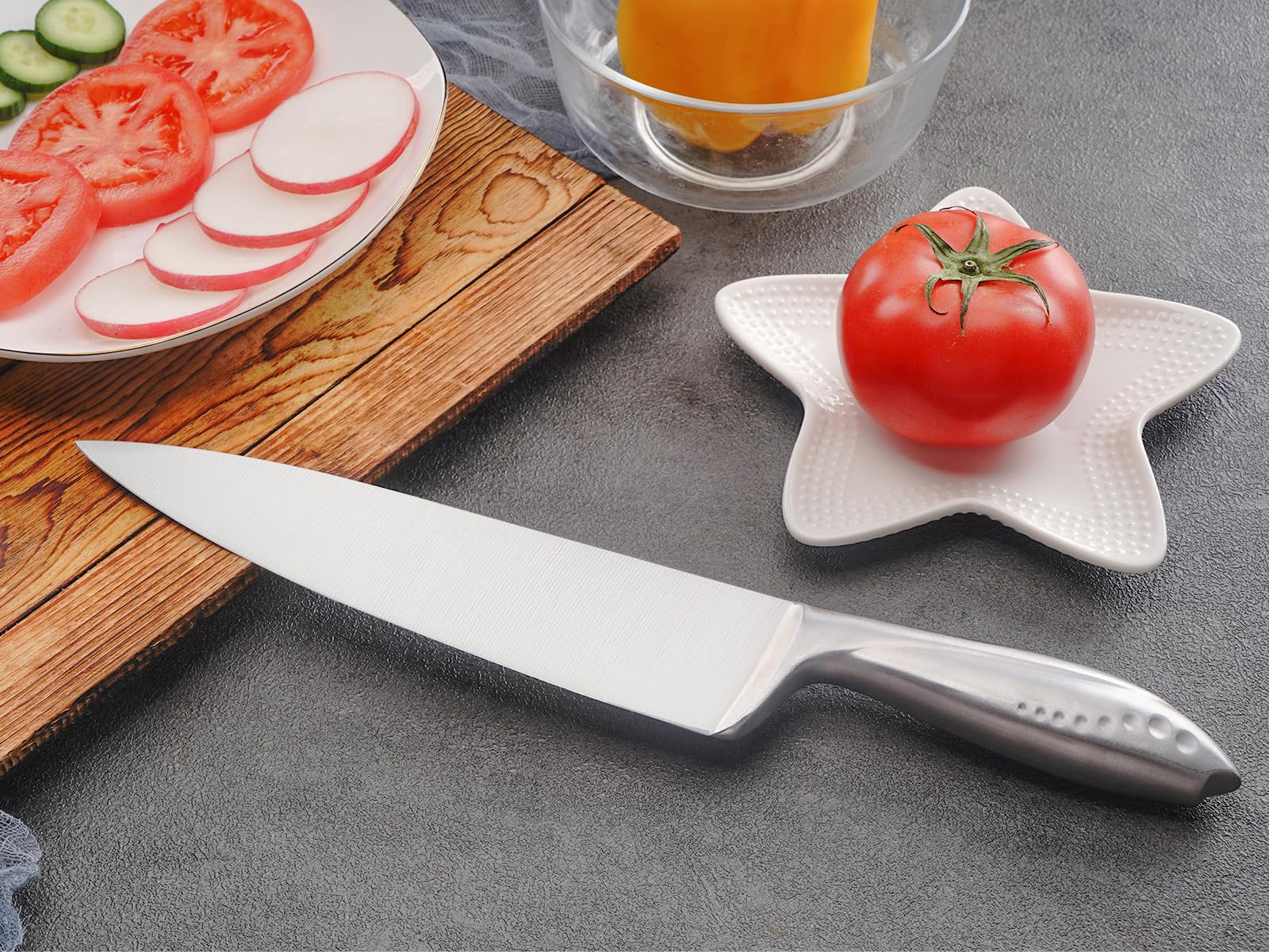 Hollory 8 Inch Chef Knife, German High Carbon Stainless-Steel Blade and Ergonomic Comfortable Handle, Non-Stick Chef Knife for Cutting of Meat Vegetables and Fruits-Silver