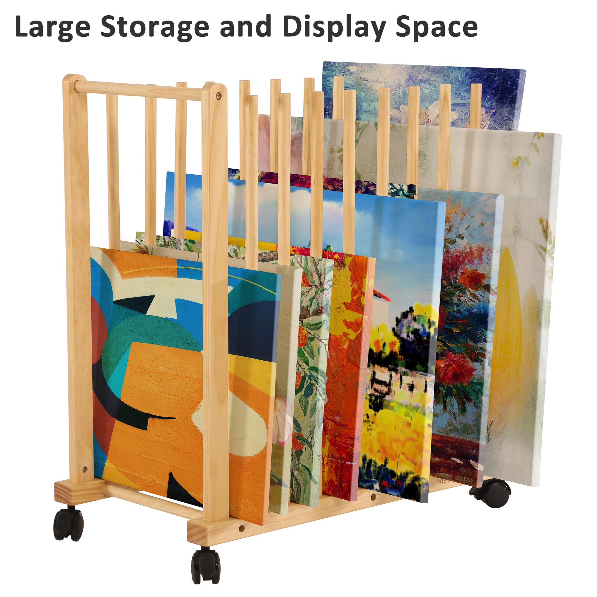 VISWIN Wooden Large Print Rack with Rolling Casters & Armrest, Art Storage Organizer, Art Storage Rack, Drying Rack Art for Canvas, Artwork, Prints, Panels, Posters, Art Shows & Galleries