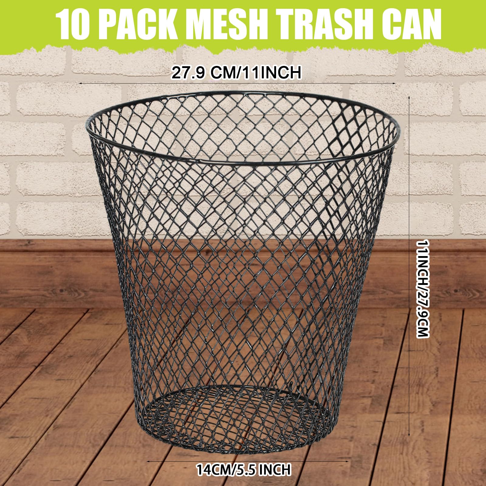 Generic 10 Pack 11inch Black Round Waste Basket,Wire Mesh Desk Metal Trash Garbage Can Wastebasket Recycling Trash Bins Garbage Container for Bedroom Office School, brown