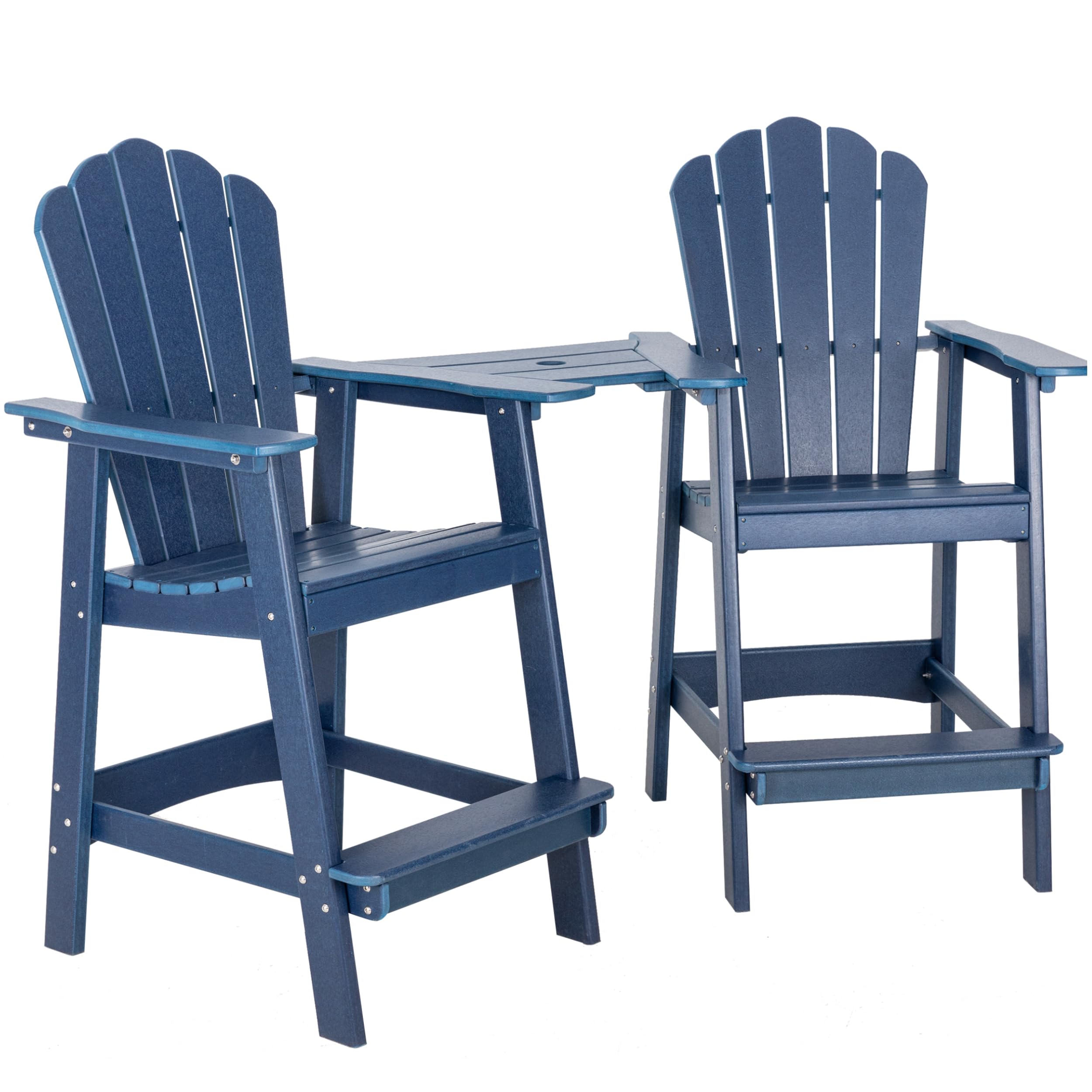 INTOBOO Tall Adirondack Chair Set of 2, HDPE Adirondack Barstools, Double Balcony Chairs with Connecting Tray, Weather Resistant for Outdoor, Poolside, Patio, Garden, Backyard (Navy)