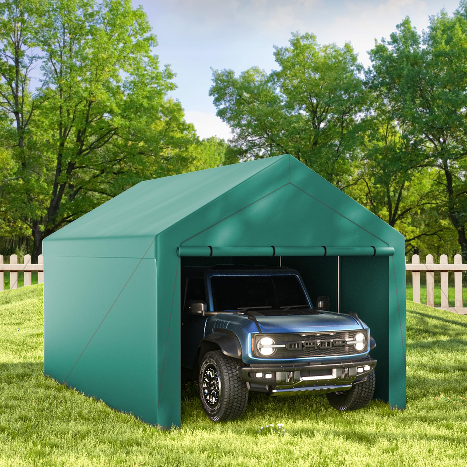 Outdoor Carport 10x20ft Heavy Duty Car Tent, Portable Garage Canopy Storage Shed, Car Shelter with Detachable Side Walls&Doors, All-Season Tarp for Car and Boat D Green