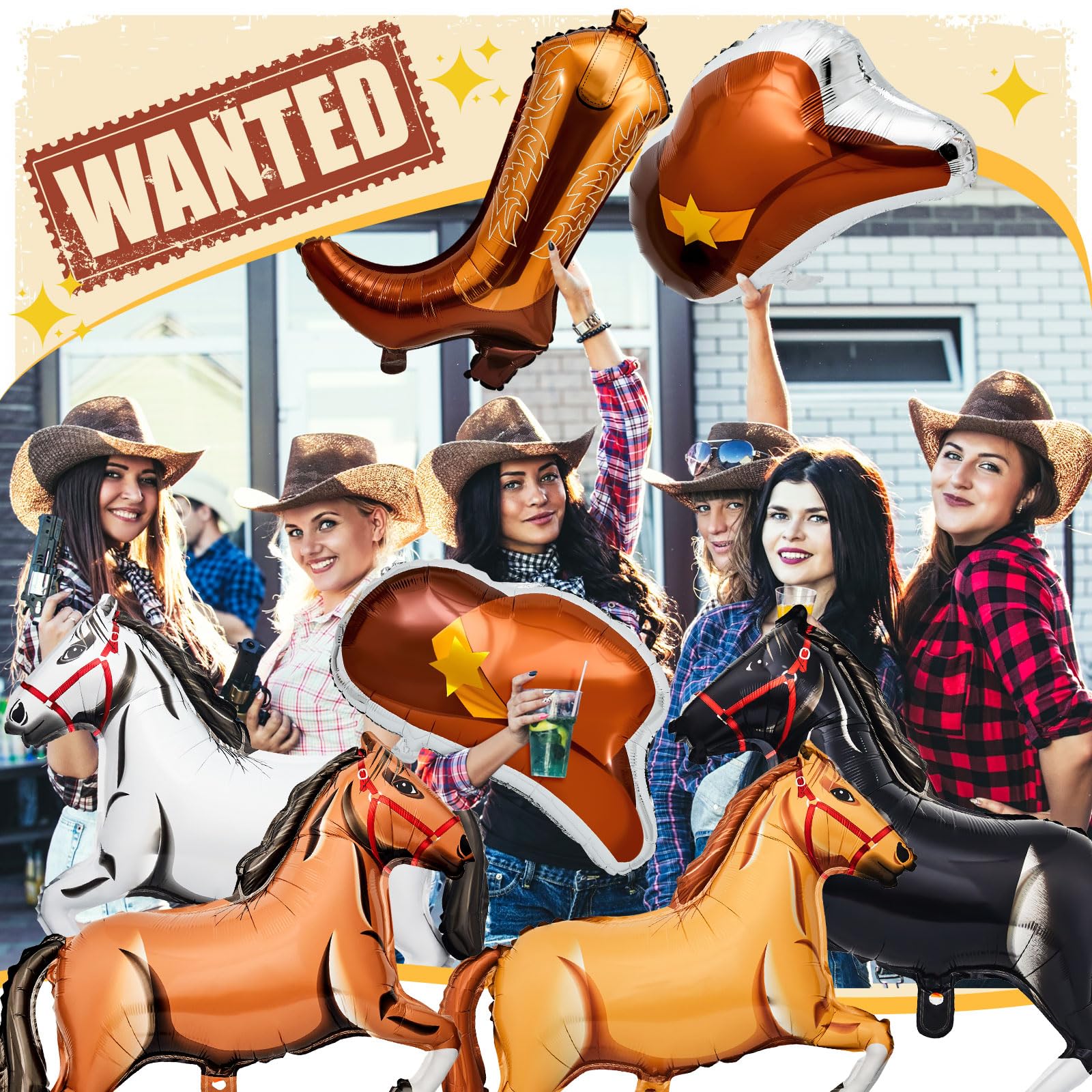 PullCrease 16 Pcs Western Party Balloons Horse Balloons Cow Balloons Cowgirl Boot Balloons Cowboy Hat Foil Balloons for Western Party Decorations Cowgirl Cowboy Themed Birthday Party (Cowboy)