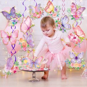 32Pcs Butterfly Party Decorations, Butterfly Hanging Swirl Decorations Pink and Purple Hanging Butterfly Decorations for Spring Summer Garden Butterfly Baby Girl Birthday Decorations