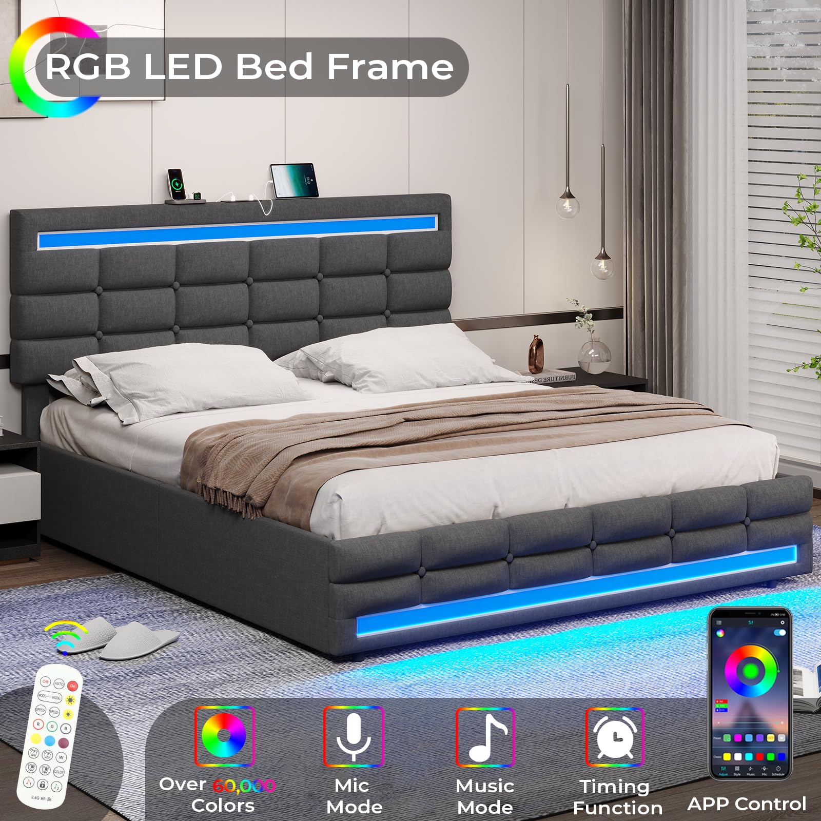 BTHFST Queen Bed Frame with LED Lights & 2 USB Charging Station,Queen Size Bed Frame with Adjustable Headboard,Bed Frame with Storage,No Box Spring Needed,Noise Free,Dark Grey