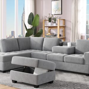 UBGO L-Shaped Sectional Sofa with Convertible Chaise Longue with Storage Footrest and 2 Cup Holders, Velvet Upholstered Sofa for Living Room Office Apartment, Gray