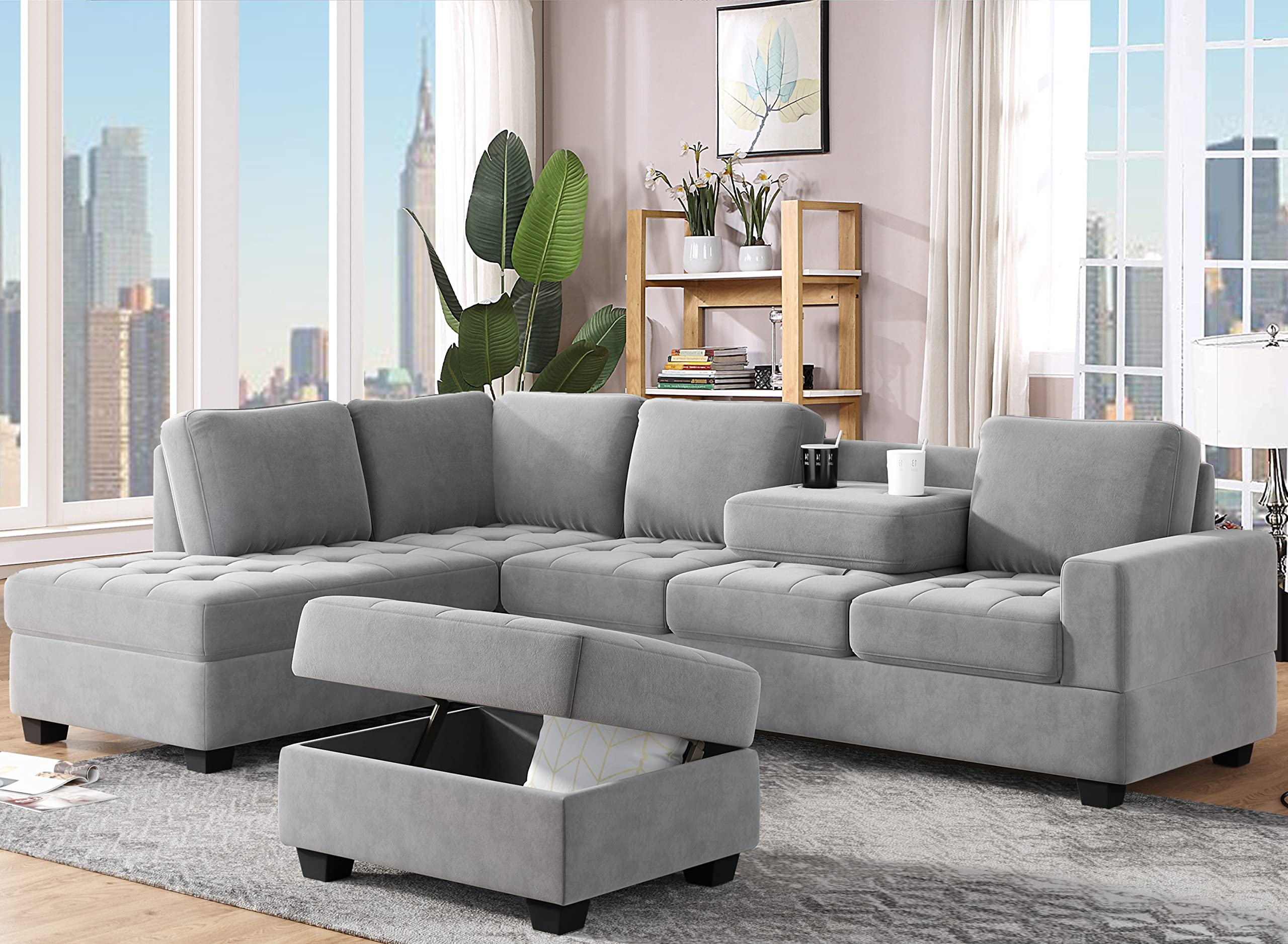 UBGO L-Shaped Sectional Sofa with Convertible Chaise Longue with Storage Footrest and 2 Cup Holders, Velvet Upholstered Sofa for Living Room Office Apartment, Gray