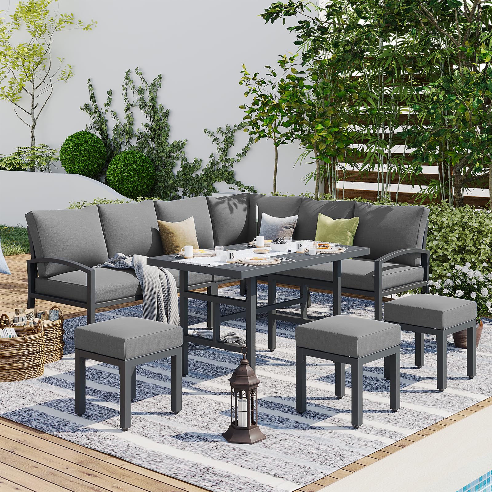 U-MAX Metal Patio Furniture Set, 7 Pieces Modern Outdoor Conversation Set Patio Furniture with Waterproof, Outdoor Dining Sofa Set with Table&Chair, Grey Cushions for Balcony, Porch, Lawn and More