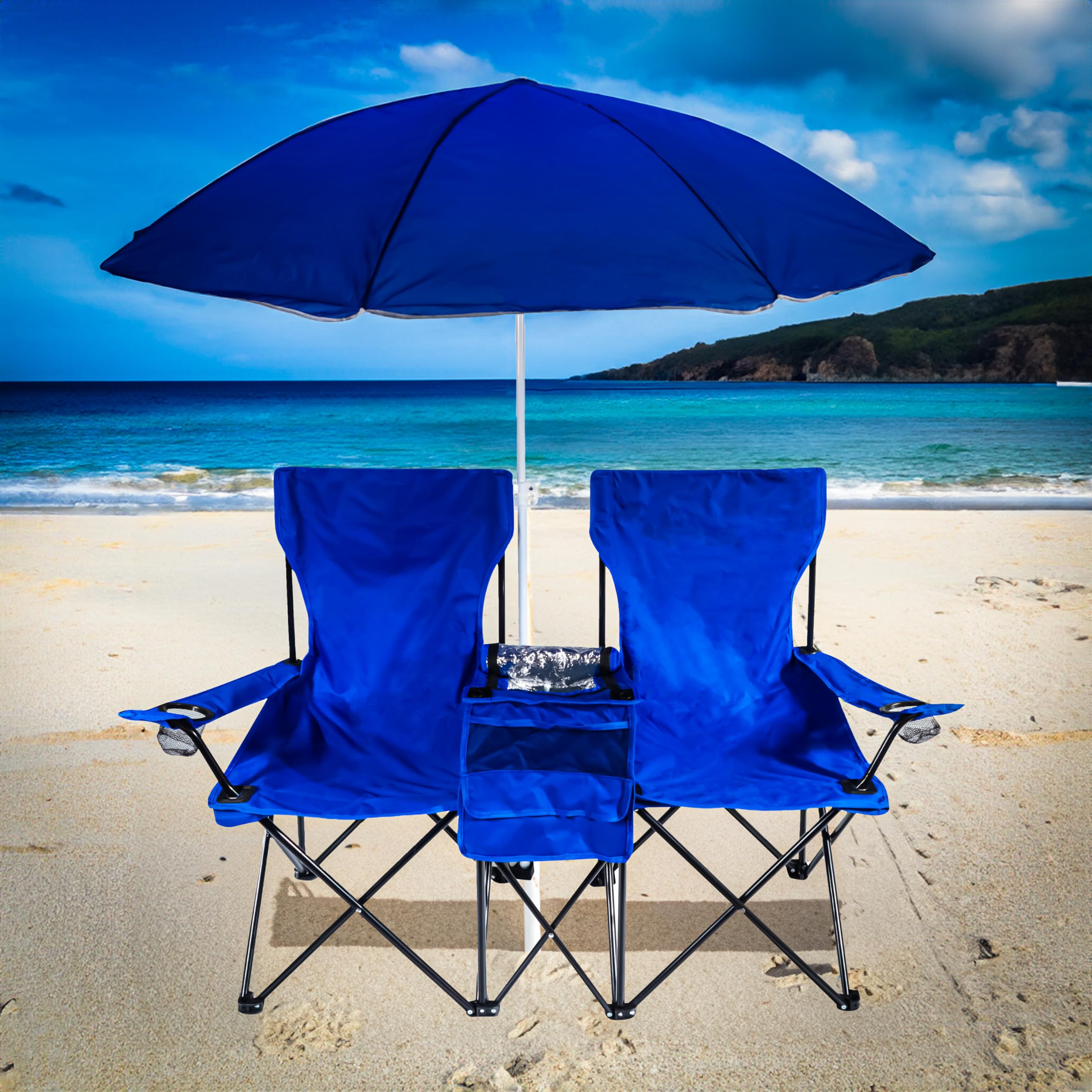 Trademark Innovations Double Folding Camp and Beach Chair with Removable Umbrella and Cooler (Blue)