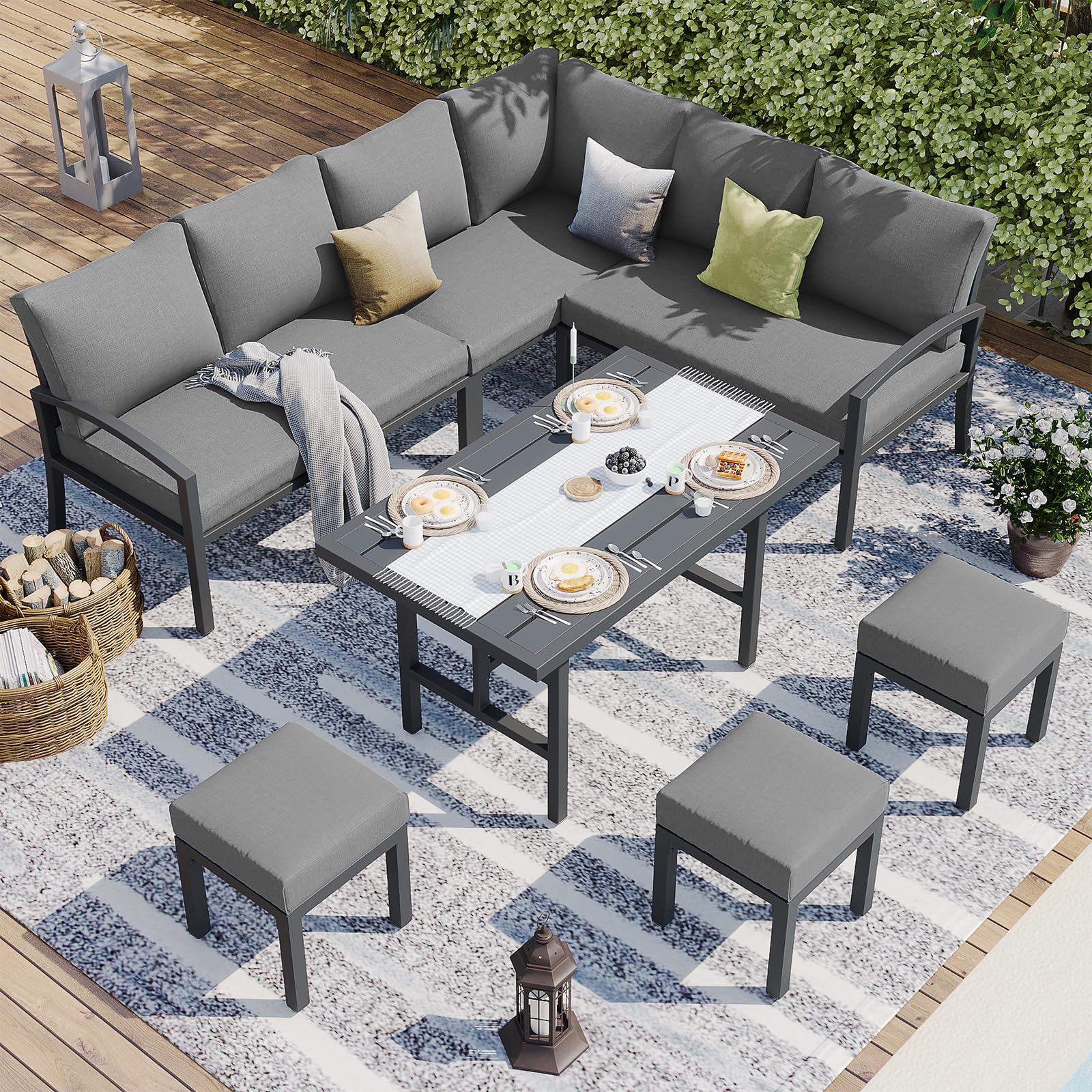 U-MAX Metal Patio Furniture Set, 7 Pieces Modern Outdoor Conversation Set Patio Furniture with Waterproof, Outdoor Dining Sofa Set with Table&Chair, Grey Cushions for Balcony, Porch, Lawn and More