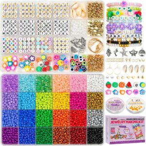 gionlion 4mm glass seed beads for bracelets, 2 boxes 24 colors bracelet making kit and letter beads for jewelry making, friendship bracelet kit with clay beads for diy art craft kit girls gifts toys