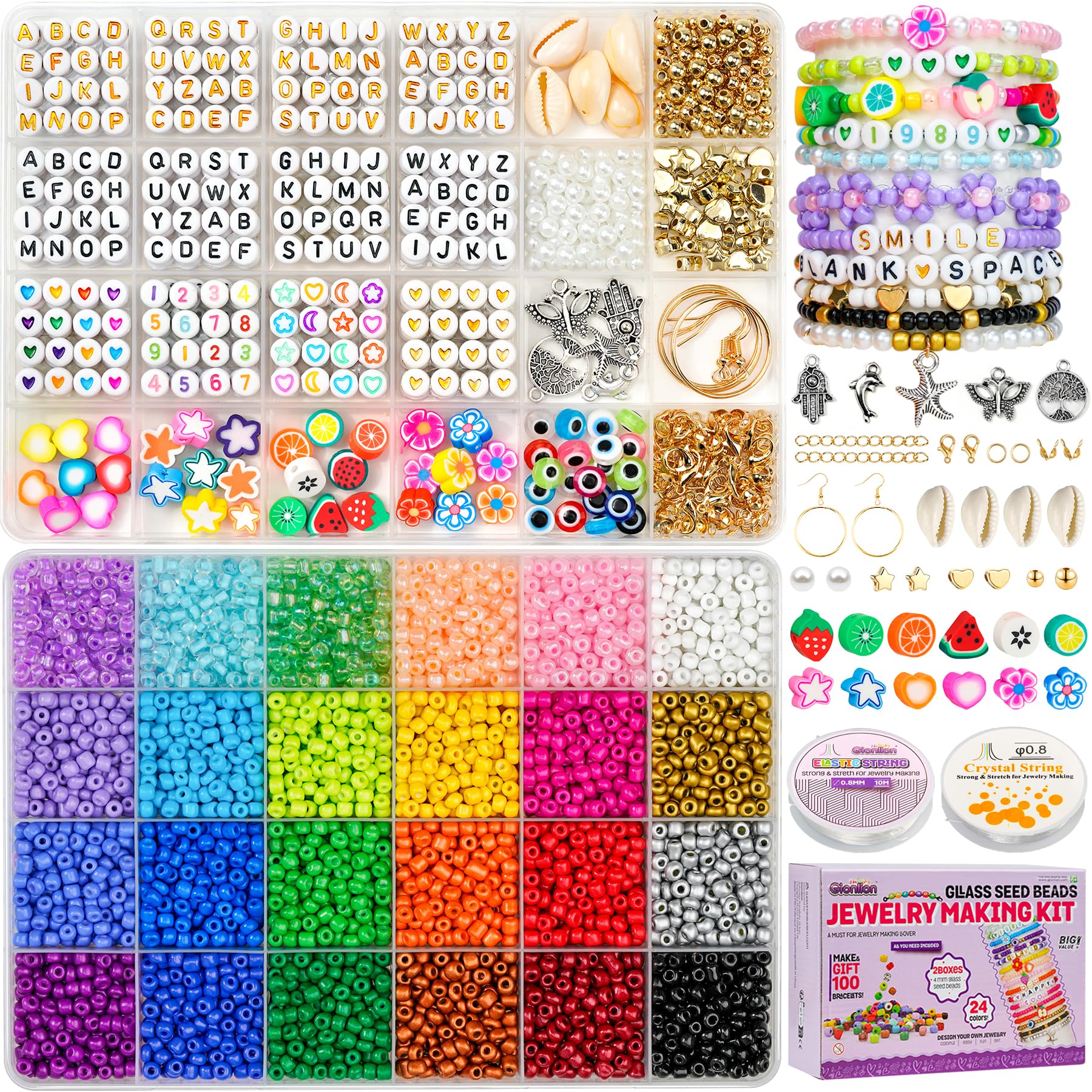 Gionlion 4mm Glass Seed Beads for Bracelets, 2 Boxes 24 Colors Bracelet Making Kit and Letter Beads for Jewelry Making, Friendship Bracelet Kit with Clay Beads for DIY Art Craft Kit Girls Gifts Toys