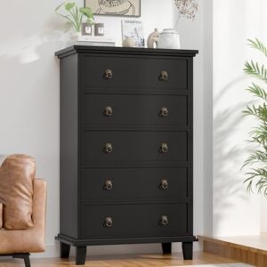 COWMOU Black Dresser for Bedroom, Chest of Drawers Tall 5 Drawers Dresser, Wooden Storage Dresser with Three-Level Silent Drawer Slide for Living Room, Hallway