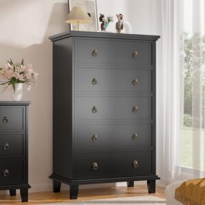 cowmou black dresser for bedroom, chest of drawers tall 5 drawers dresser, wooden storage dresser with three-level silent drawer slide for living room, hallway