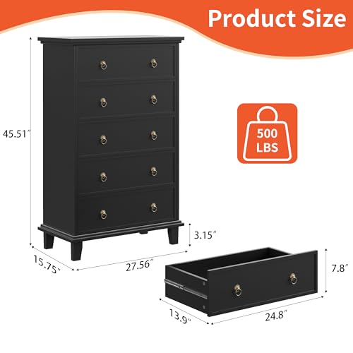 COWMOU Black Dresser for Bedroom, Chest of Drawers Tall 5 Drawers Dresser, Wooden Storage Dresser with Three-Level Silent Drawer Slide for Living Room, Hallway