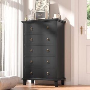 COWMOU Black Dresser for Bedroom, Chest of Drawers Tall 5 Drawers Dresser, Wooden Storage Dresser with Three-Level Silent Drawer Slide for Living Room, Hallway