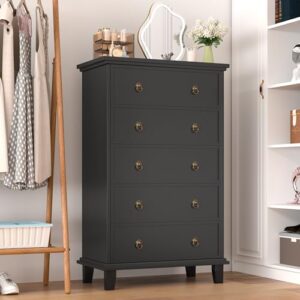 COWMOU Black Dresser for Bedroom, Chest of Drawers Tall 5 Drawers Dresser, Wooden Storage Dresser with Three-Level Silent Drawer Slide for Living Room, Hallway