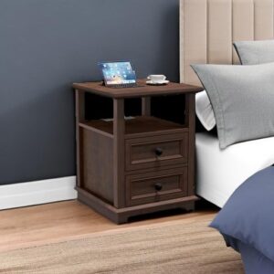 REDAYFUR 24" Tall End Table with Charging Station, Double 18W Fast Charge End Table, Large 18” Bedside Table with Drawers,Rustic Wood Storage Cabinet with Open Shelf for Bedroom,Cherry