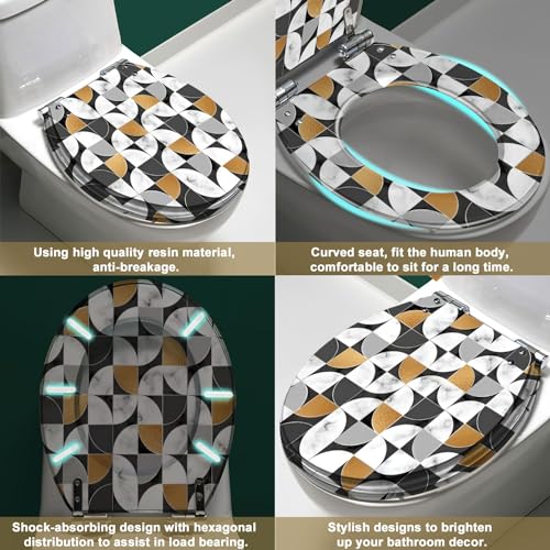 Round Toilet Seat Marble Repeating marble texture Geometry floor Mosaic Resin Toilet Seat with Quietly Close Quick Release Hinges Decorative Toilet Seat with Cover Easy to Clean and Install