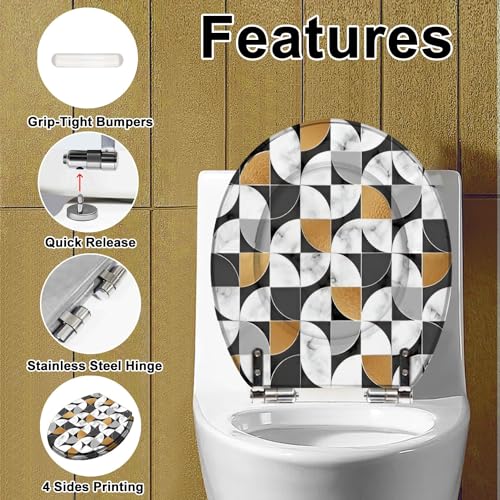 Round Toilet Seat Marble Repeating marble texture Geometry floor Mosaic Resin Toilet Seat with Quietly Close Quick Release Hinges Decorative Toilet Seat with Cover Easy to Clean and Install