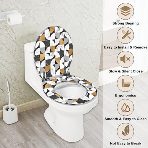 Round Toilet Seat Marble Repeating marble texture Geometry floor Mosaic Resin Toilet Seat with Quietly Close Quick Release Hinges Decorative Toilet Seat with Cover Easy to Clean and Install