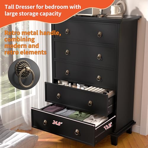 COWMOU Black Dresser for Bedroom, Chest of Drawers Tall 5 Drawers Dresser, Wooden Storage Dresser with Three-Level Silent Drawer Slide for Living Room, Hallway