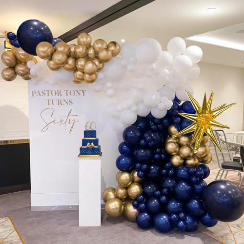 Navy Blue Gold Balloon Garland Kit 137Pcs Dark Royal Blue Gold White Globos Crown Balloon arch Set for Men Birthdays, Baby Showers, Graduations Class of 2024, and Wedding Decor